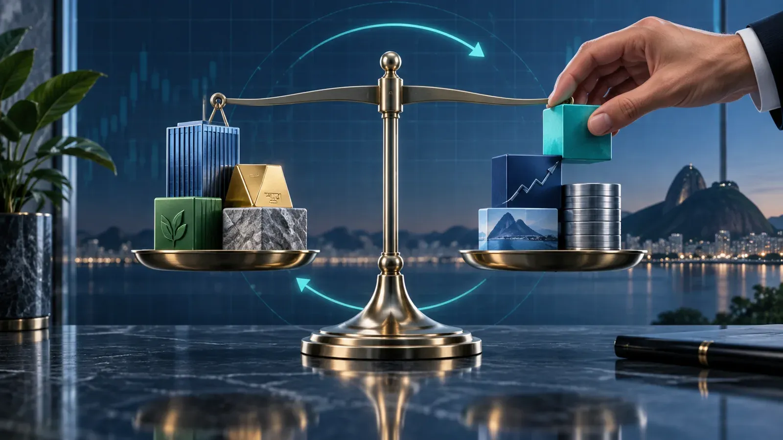 Representação do rebalanceamento de uma carteira de investimentos para restaurar o equilíbrio entre os ativos